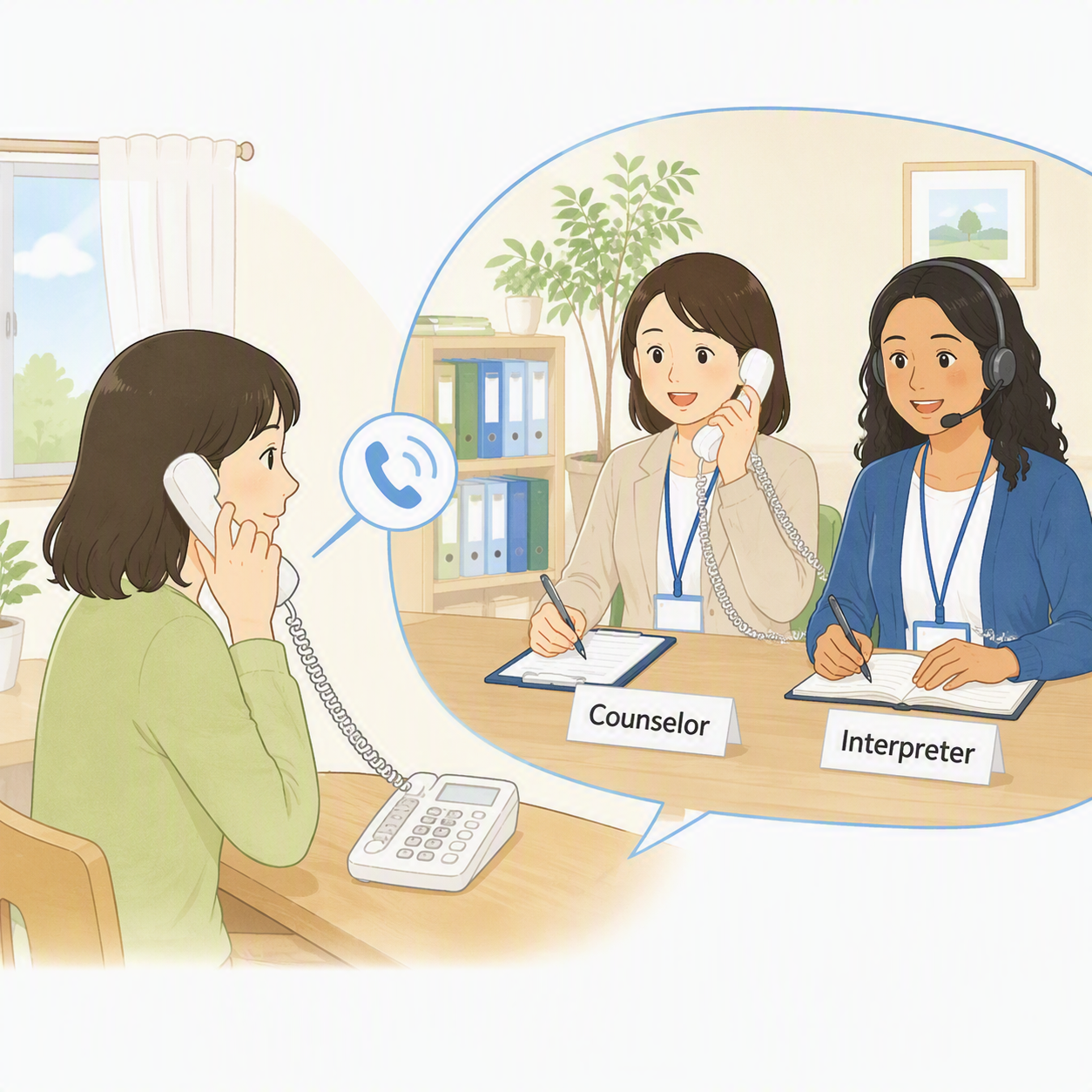 通訳を介した電話相談のイメージ
